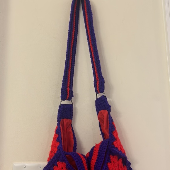 Hand Crocheted Knit Yarn Boho Tote Red Purple Purse Shoulder Bag Retro Granny - Picture 14 of 15